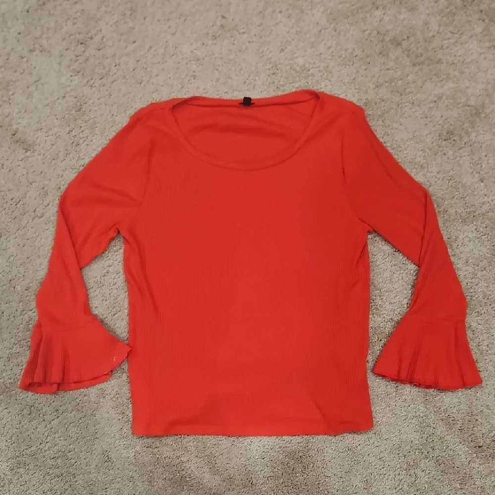 J.Crew Belvedere Ribbed Bell Sleeve Top XL Extra Large Bright Cherry Red Blouse